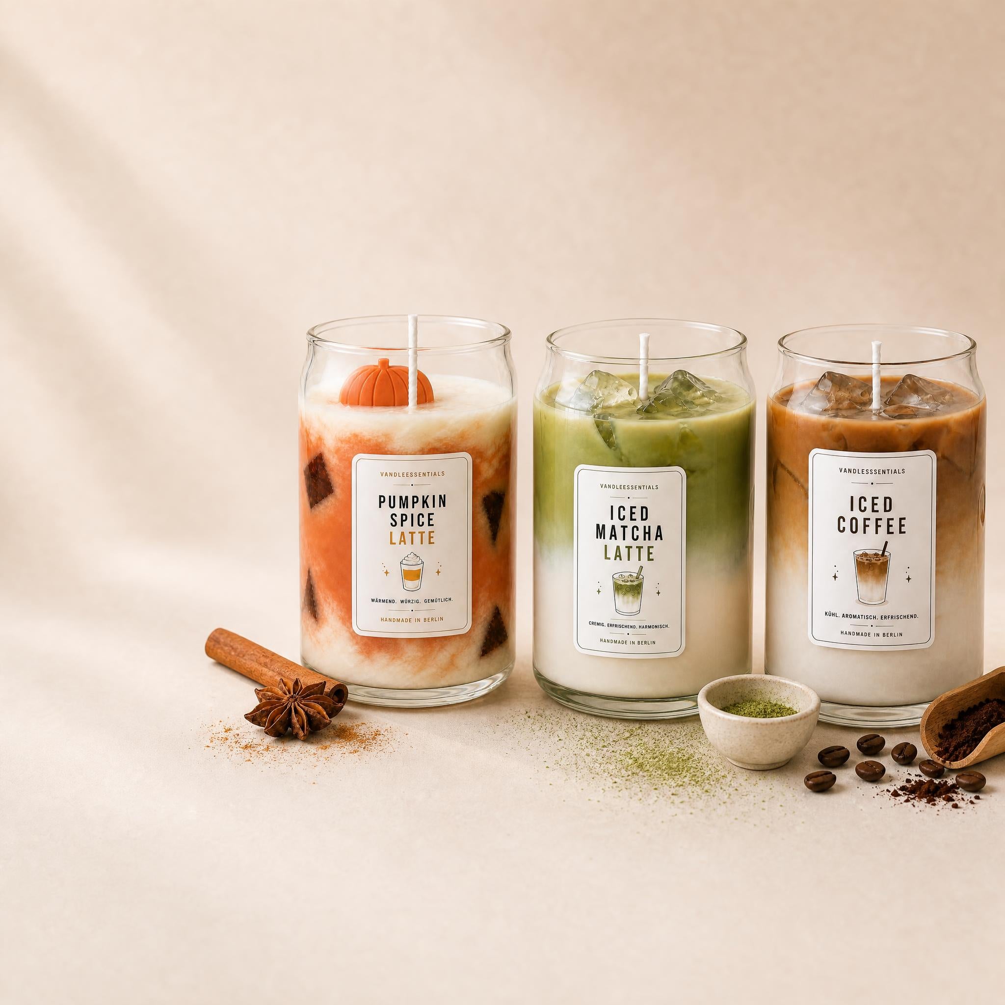 Handgemachte Pumpkin Spice Latte, Iced Matcha Latte und Iced Coffee Kerzen